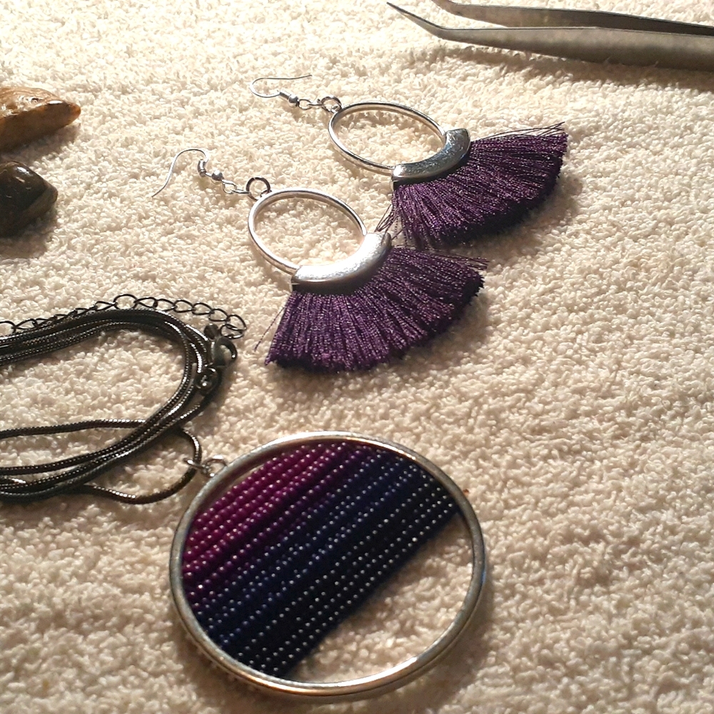 Beautiful Plum Fringe Earring and Beaded Pendant